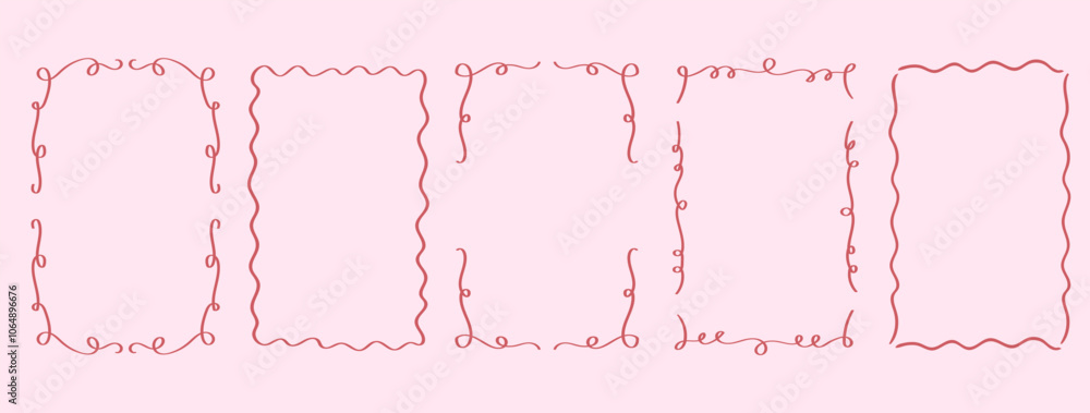 Poster set of drawing pink wavy elegant outline frame. abstract curve whimsical border. vertical border fra
