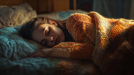 A peaceful moment captured as someone sleeps under a warm knitted blanket, with golden sunlight...