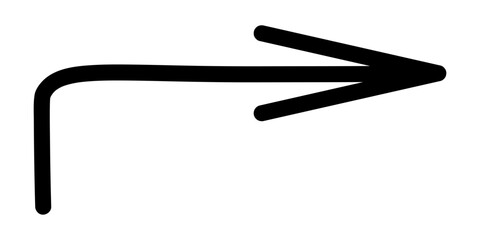 Arrow. Sketch. Black long arrow pointing to the right. Hand drawn sign. Vector illustration. Outline on isolated white background. Doodle style. Idea for web design.
