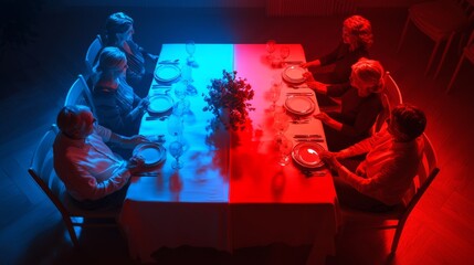 Divided We Dine: Political Differences at a Traditional Family Gathering - Blue vs. Red Table Decor Illustrating Family Dynamics