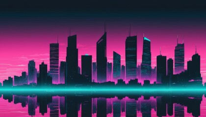 Fototapeta premium Vaporwave skyline with pink hues and retro-futuristic buildings reflected in water