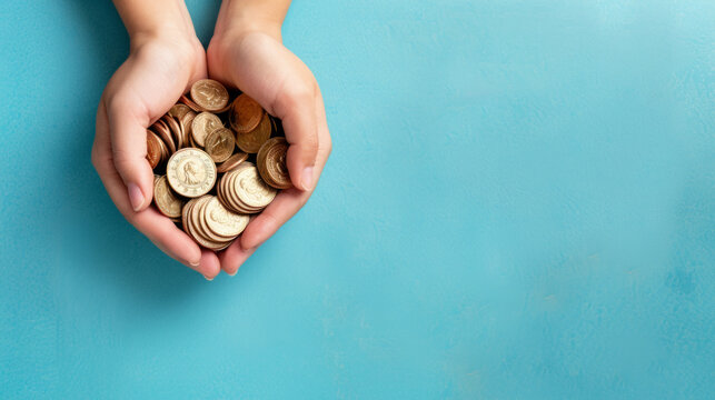 Hands holding a collection of coins against a blue background highlighting the importance of fundraising and charitable contributions