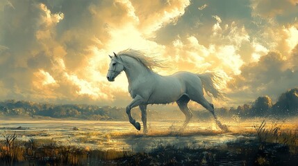 White Horse Running Through a Field at Sunset