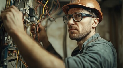 Obraz premium Electrician adjusting fuse box in tight space, wires everywhere, focused expression