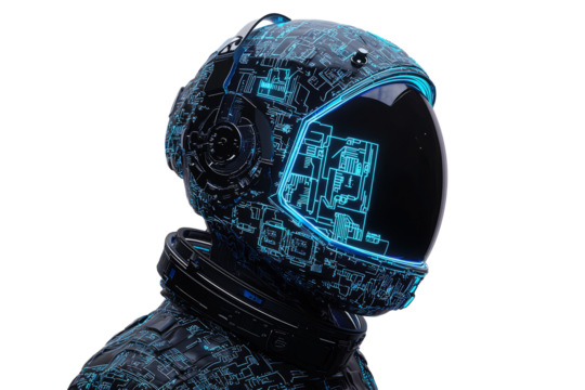 astronaut portrait with glowing neon-blue circuitry patterns on the helmet, low poly on a white background