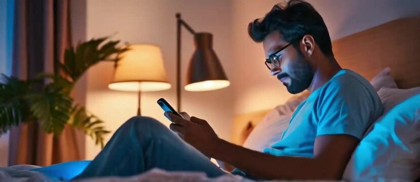 Fine detail Side view of man using smartphone while sitting on bed
