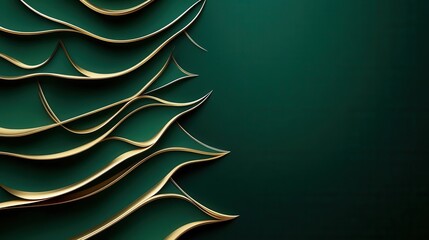 Abstract golden lines create Christmas tree shapes on a dark green background for elegant decor