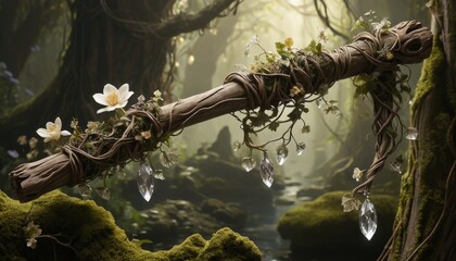 Nature-inspired magic staff adorned with flowers and crystals on a mystical forest background