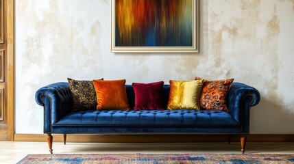 A modern-vintage living room with a deep-colored, retro