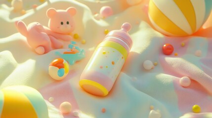 A colorful baby bottle filled with milk, placed on a soft, pastel-colored blanket, surrounded by playful baby toys, capturing the essence of nurturing moments.