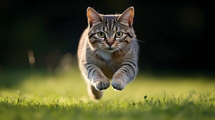 Energetic Cat Sprinting Across Grassy Field for Fitness and Activity Campaigns