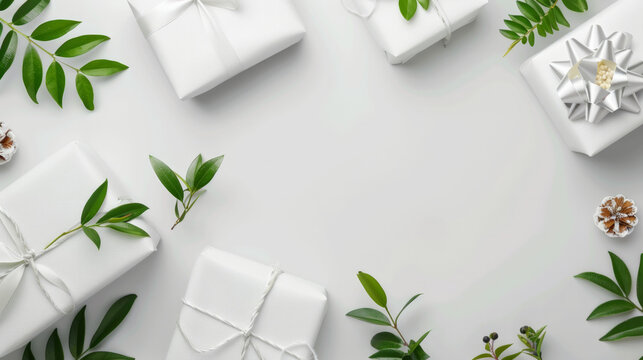 Elegant white gift boxes adorned with greenery placed neatly on a light background for special occasions and celebrations