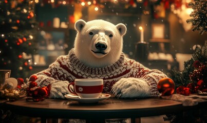 Polar bear wearing sweater drinks hot cocoa.