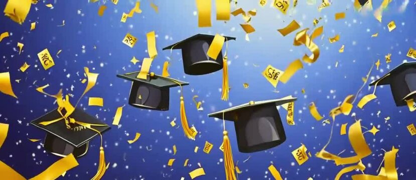 Falling graduation caps, gold confetti and streamers. Congratulations banner for graduation decoration
