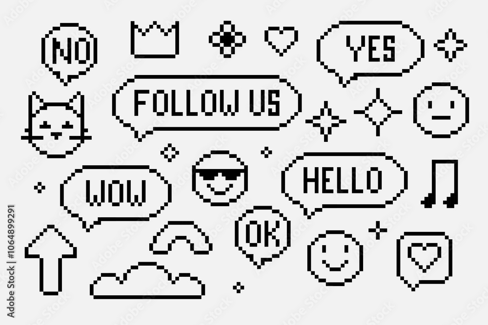 Poster set of pixelated outline sticker ikon. pixel 8 bit elements. black speech bubbles with text. emotico