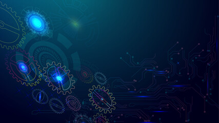 Obraz premium Gear wheel technology pattern on blue gradient background. Hand drawn vector Abstract technology background. Cogwheels theme.Secure digital background. Virtual confidential, programming protection