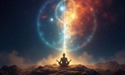 Person is meditating on a mountain top, surrounded by a colorful sky. The sky is filled with clouds and a bright light, creating a serene and peaceful atmosphere