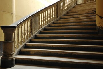 A close-up view of a staircase with a decorative railing in an indoor setting.