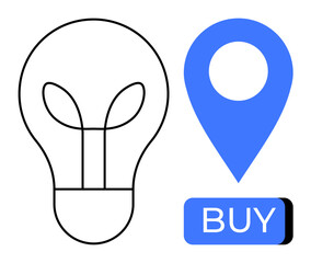 Light bulb with leaf inside symbolizes innovation and sustainability. Blue location pin and buy button represent online shopping. Ideal for eco products, e-commerce, tech, startups, retail, green