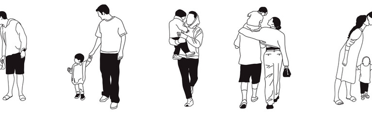 Hand-drawn doodle family border. Outline family clipart. Hand-drawn black art.