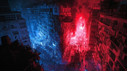 City of Contrasts: Vibrant Blue Harmony vs. Chaotic Red Unrest in Divided Urban Block