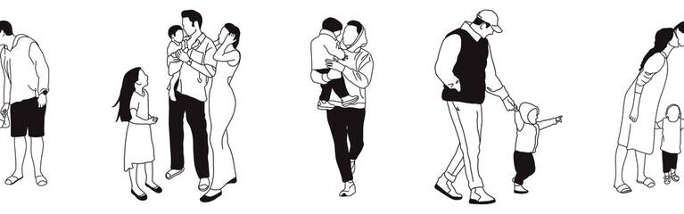 Hand-drawn doodle family border. Outline family clipart. Hand-drawn black art.