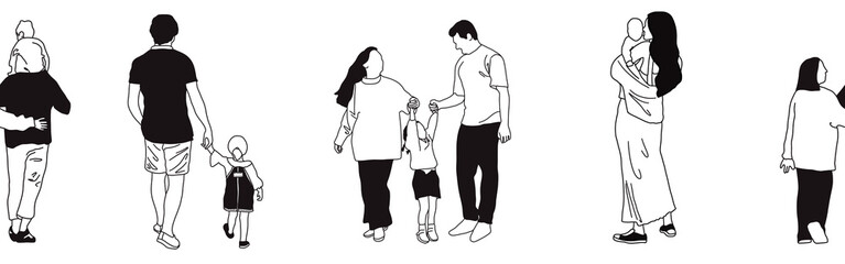 Hand-drawn doodle family border. Outline family clipart. Hand-drawn black art.