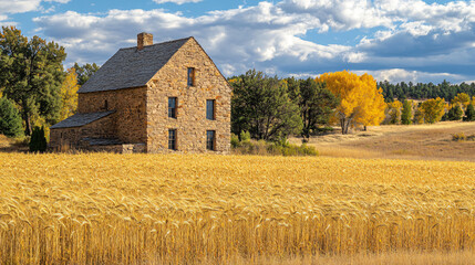 Fototapeta premium A historic stone mill surrounded by fields of golden wheat, evoking the spirit of Thanksgiving.