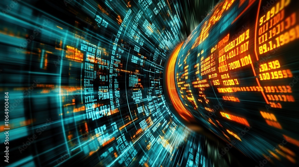 Poster abstract digital tunnel with glowing data streams and vibrant colors, representing technology and co