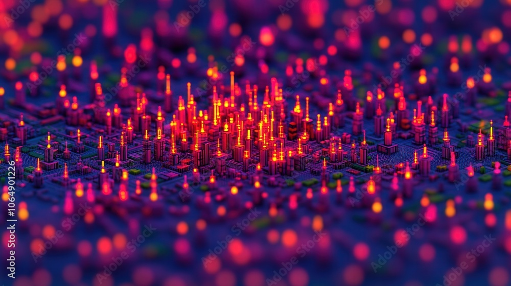 Poster abstract visualization of glowing peaks and valleys, representing data flow or energy patterns in vi