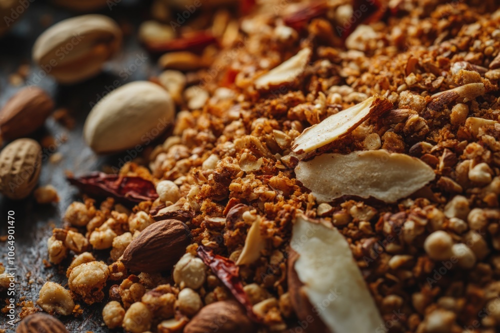 Poster a close-up view of various types of nuts and their shells on a table