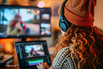 Obraz premium A person with curly hair edits photos on a laptop while wearing headphones in a cozy workspace filled with warm light