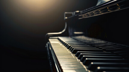 A polished grand piano keys glisten under soft lighting in a serene music room, inviting creativity and inspiration for evening performances