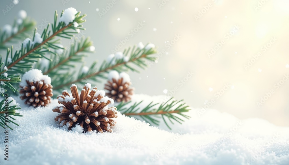 Poster christmas background with fir tree branches and cones covered in snow with soft glowing light