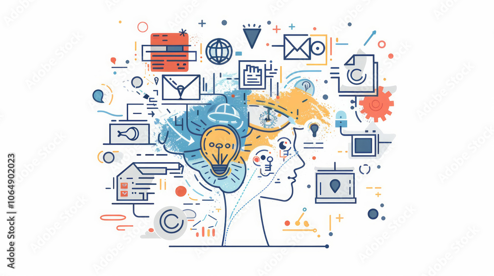 Poster creative brainstorming with digital mind mapping and innovative ideas represented visually with icon