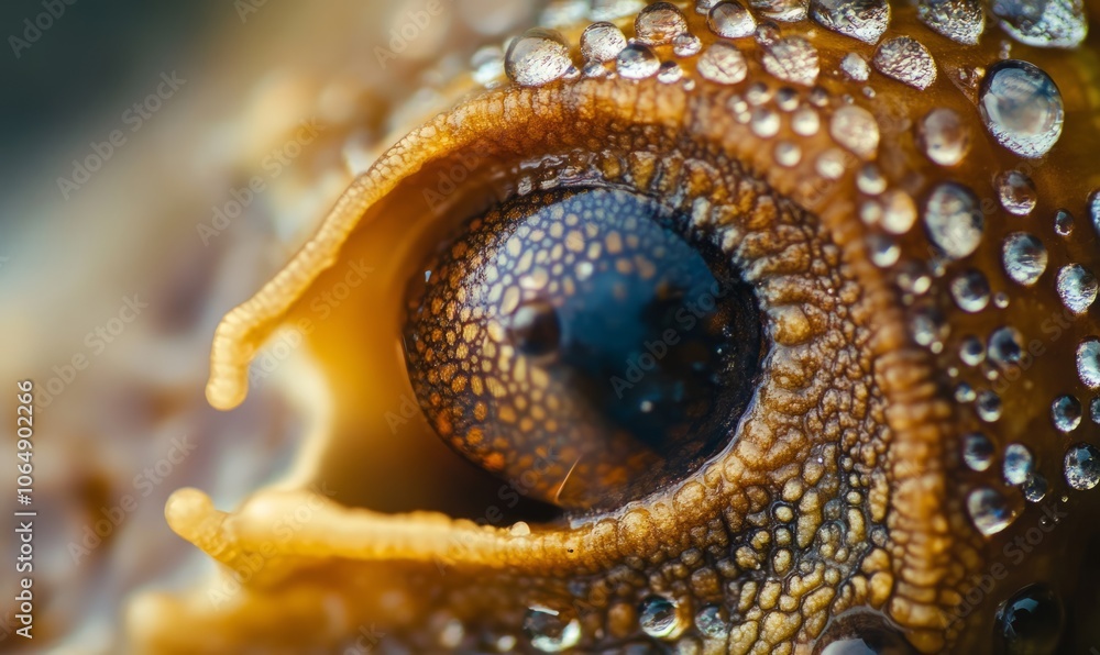 Poster a detailed and focused close-up image of a snail shell covered in small water droplets