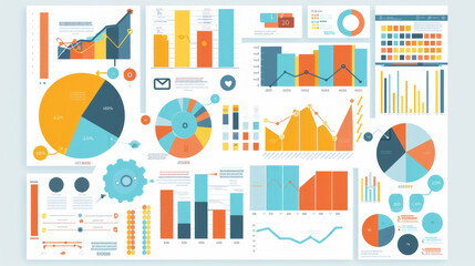 Obraz premium Colorful infographics showcasing data analysis and statistics in a professional workspace during a business presentation