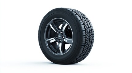 Obraz premium A close-up of a car wheel and tire on a white background, highlighting its design and durability for automotive advertising.