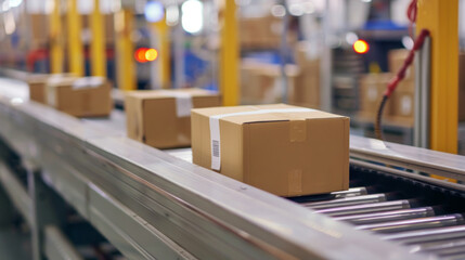 Fototapeta premium Boxes being loaded onto a conveyor belt in a busy warehouse, showcasing efficient handling and logistical operations during the day