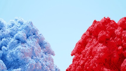 Contrasting Ideologies in Nature: Blue and Red Mountain Ranges Symbolizing Divergent Views on a Ultra-Detailed Landscape