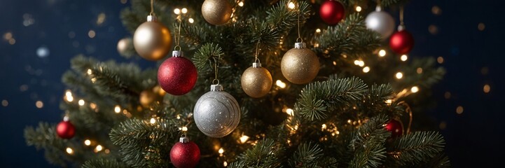 Fototapeta premium Christmas tree decorations, Christmas Tree With Baubles And Blurred Shiny Lights
