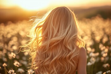 A woman with long blonde hair standing amidst a field of colorful flowers