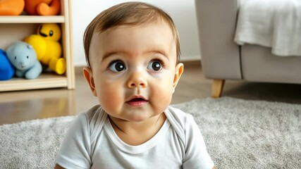 baby sitting on floor in cozy living room, curious expression and innocence in early childhood. Caucasian infant with big eyes exploring home environment, highlighting family and development