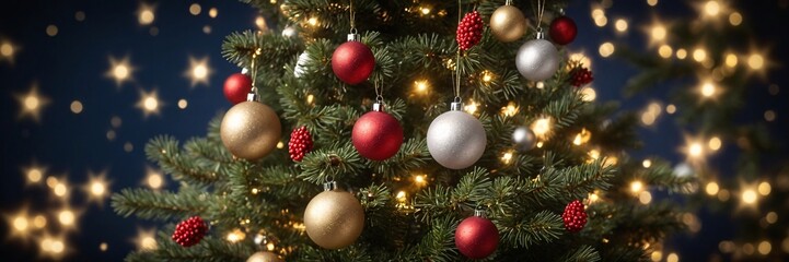 Fototapeta premium Christmas tree decorations, Christmas Tree With Baubles And Blurred Shiny Lights