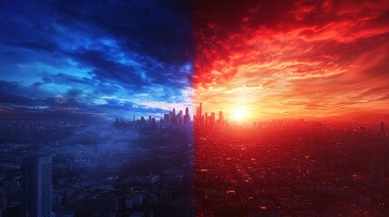 Obraz premium Cityscape Divided: Political Turmoil in a Spectacular Sunset Sky