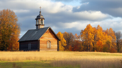 Obraz premium A historic wooden chapel with a bell tower, framed by golden fields and autumn colors.A historic wooden chapel with a bell tower, framed by golden fields and autumn colors.