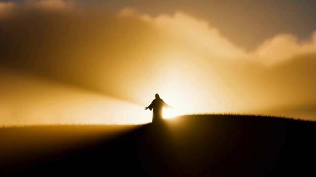 With the sun and clouds behind him, Jesus' figure stands atop a hill crest. depiction of a prophet's vision or dreams.