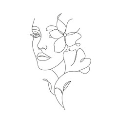 Female face in line art style with flowers and leaves. Continuous line art in elegant style for logo, prints, posters, organic cosmetics, postcards. Beautiful woman's flowers face vector illustration.