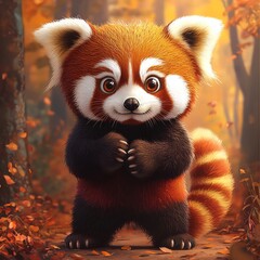 Obraz premium A cute red panda in a standing position, with its paws held close to its chest. The red panda’s large, round eyes are full of curiosity, and its bushy tail is curled at its feet