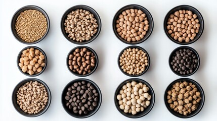Fototapeta premium A close-up of different types of animal feed in bowls, including pellets and grains, arranged artistically against a bright white backdrop.